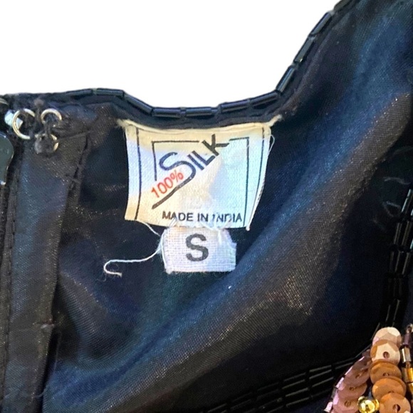 Vintage 100% Silk Black Gold Long Sleeve Beaded Sequin Evening Maxi Dress Size S - Picture 7 of 7